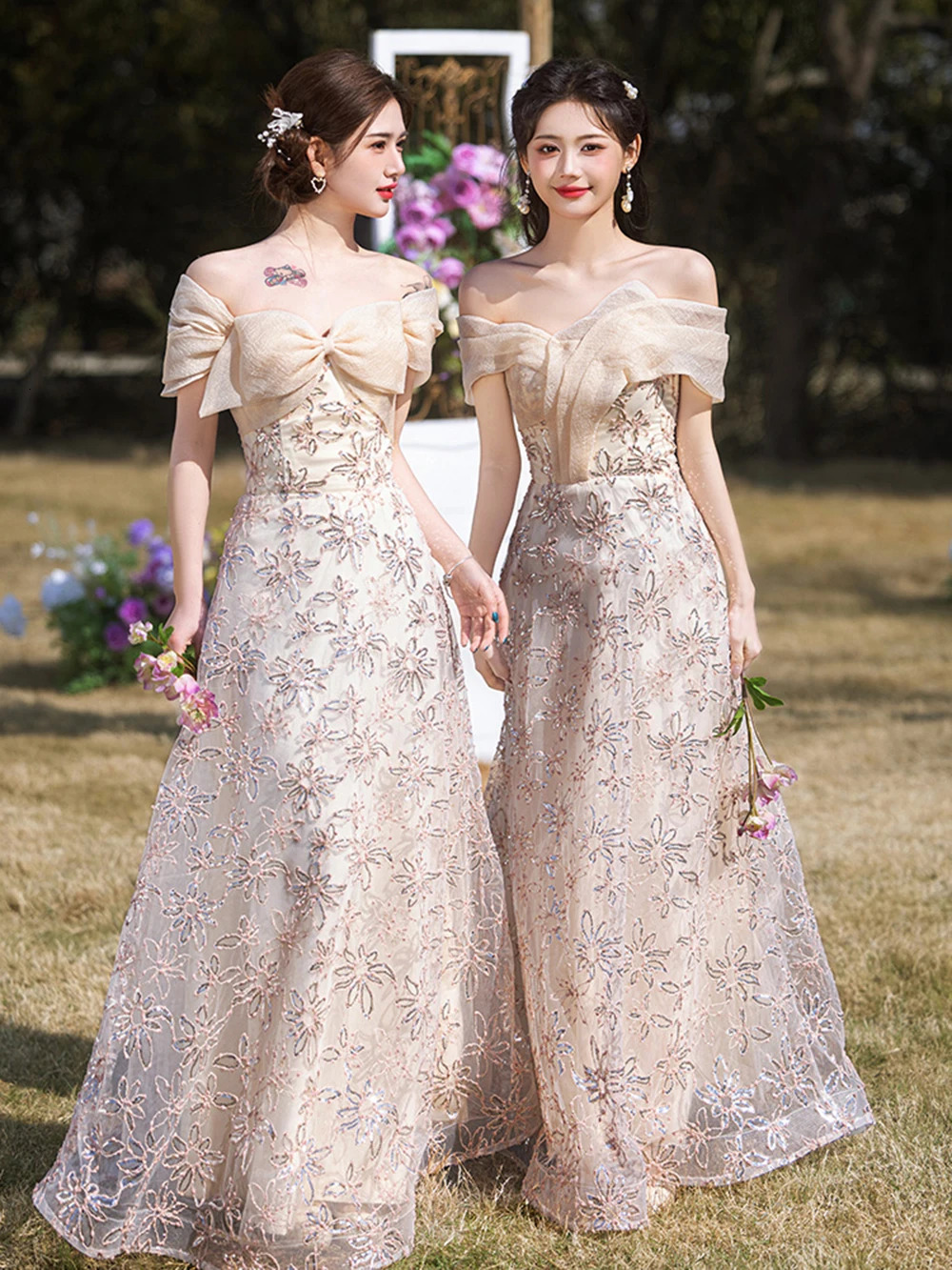 Light Womens Pink Flora Appliqued Bridesmaid Dress Square Collar Off Shoulder Wedding Party Guest Gown Sisters Vestido 250725