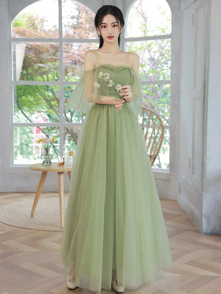 4 Styles Green Bridesmaid Dresses Simple Tulle Offshoulder Sisters Party Prom Gown Lace Up Wedding AnkleLength Vestidos 250725