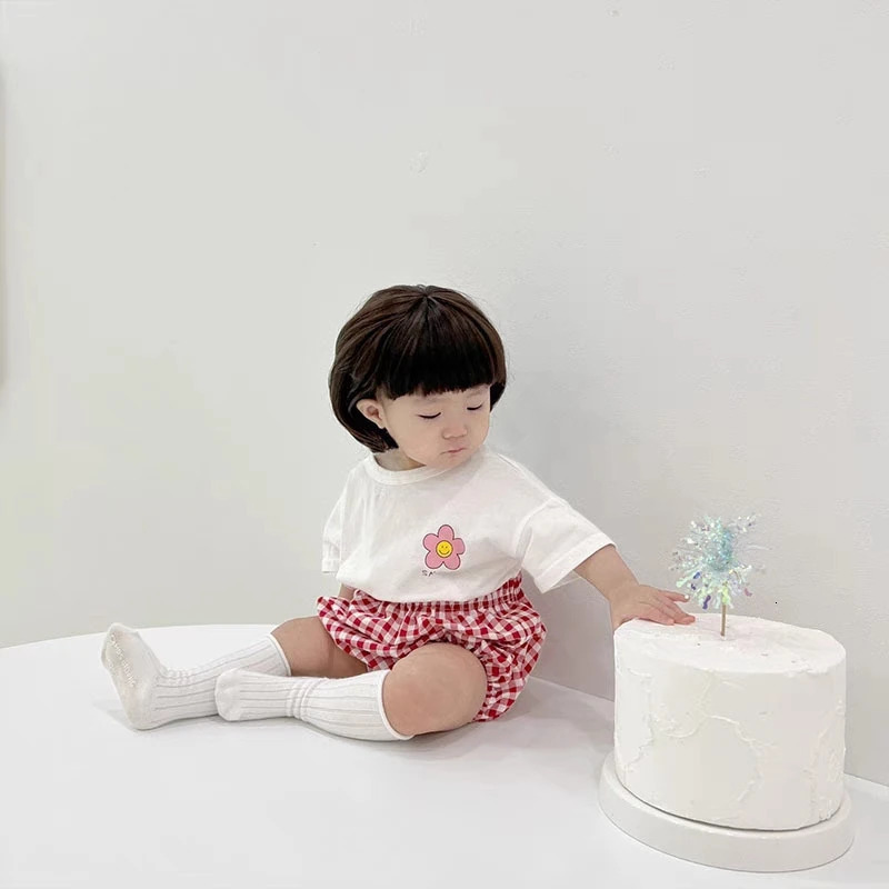 ute Floral Pattern Baby Girls Short Sleeve Suit Summer Clothing Childrens Tshirts Plaid Shorts Kids 2 Piece Set Girl Clothes 250725