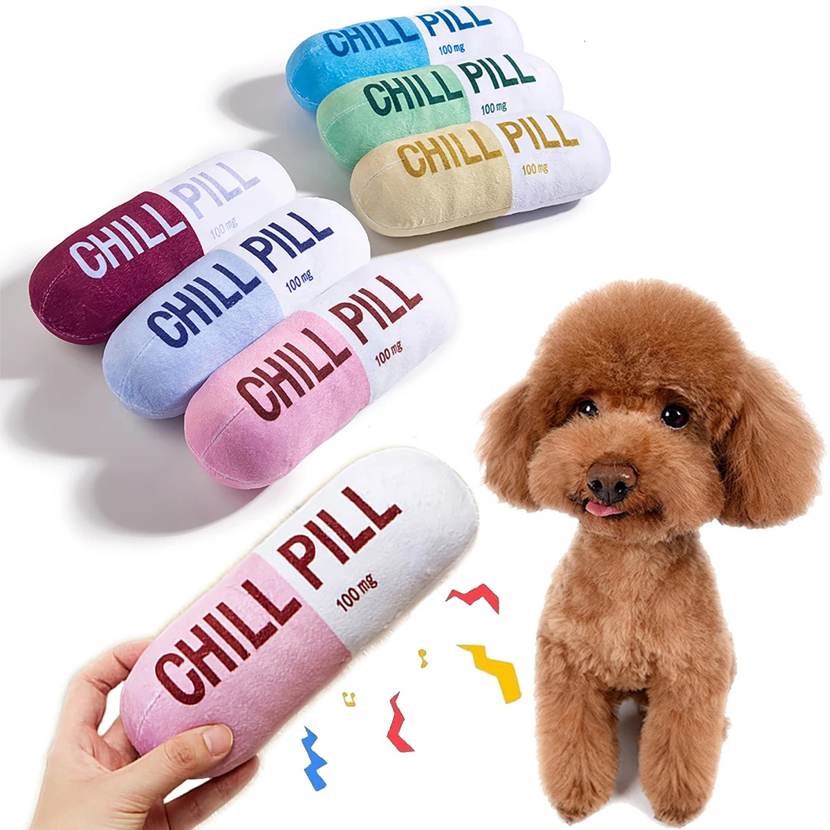 Interactive Plush Pill-Shaped Dog Toy with Durable Bite-Resistant Chew Toy for Pet Play and Dental Health 250726