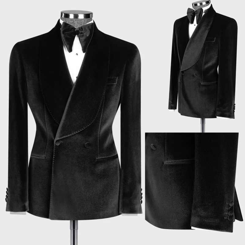 Handsome Jacquard 2 Pieces Men Suits Double Breasted Shawl Lapel Tuxedo Slim Wedding Groom Prom Plus Size Costume Homme Bridegroom Tailor Made Coat Pa