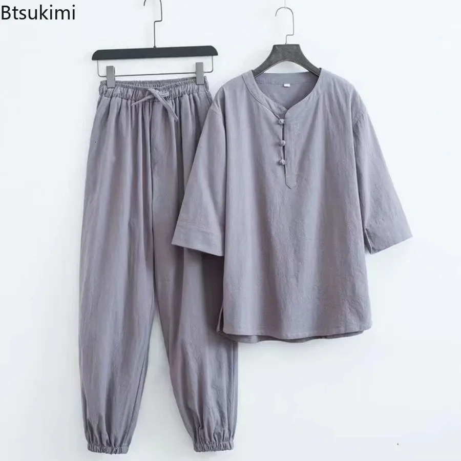 Mens Cotton Linen Sets Chinese Style Solid Short Sleeve Pants Two Pieces Traditional Clothes Kung Fu Uniform Tang Suit Male 250724