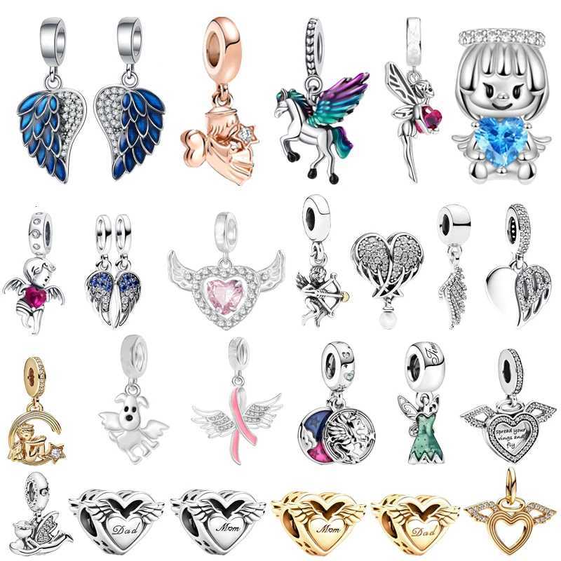 Heart Winged Angel Pendant Angel Wings Dad Mom Charm Beads Fit Original European 925 Sterling Silver Bracelet DIY Jewelry Gift XJ250726