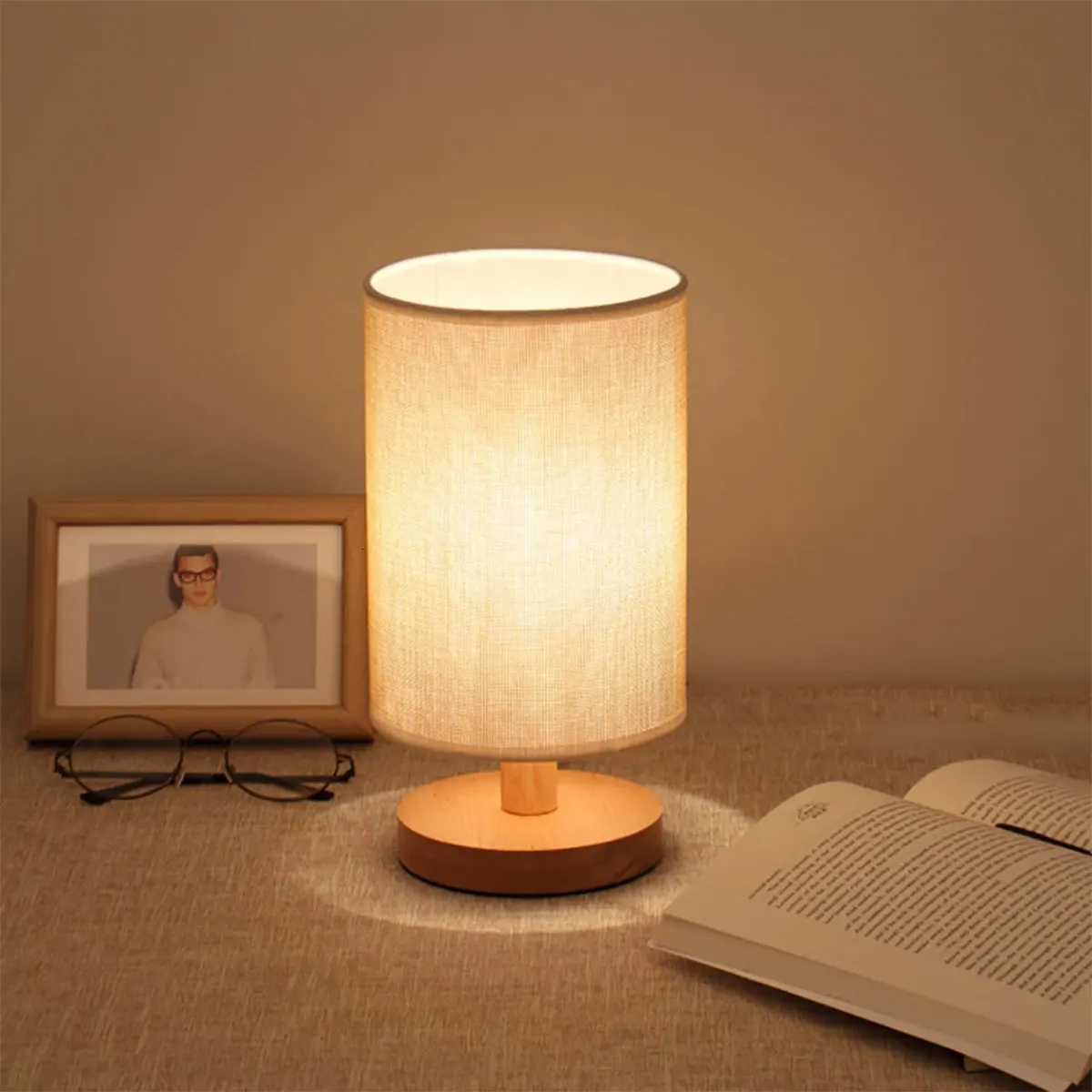 USB Bedside Lamp Night Lights Table Lamp for Bedroom Wooden Desk Lamp Bedside Night Light with Cylinder Lamp Shade Home Decor XJ250725