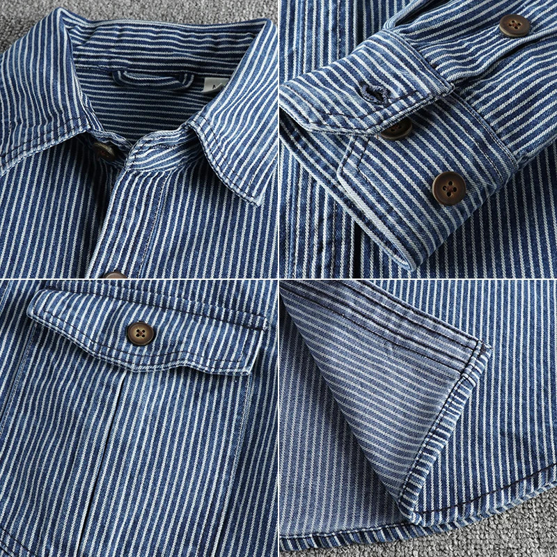 Yarndyed striped fabric washed to make old vintage cargo denim shirt for men European and American fashion casual coat 250725