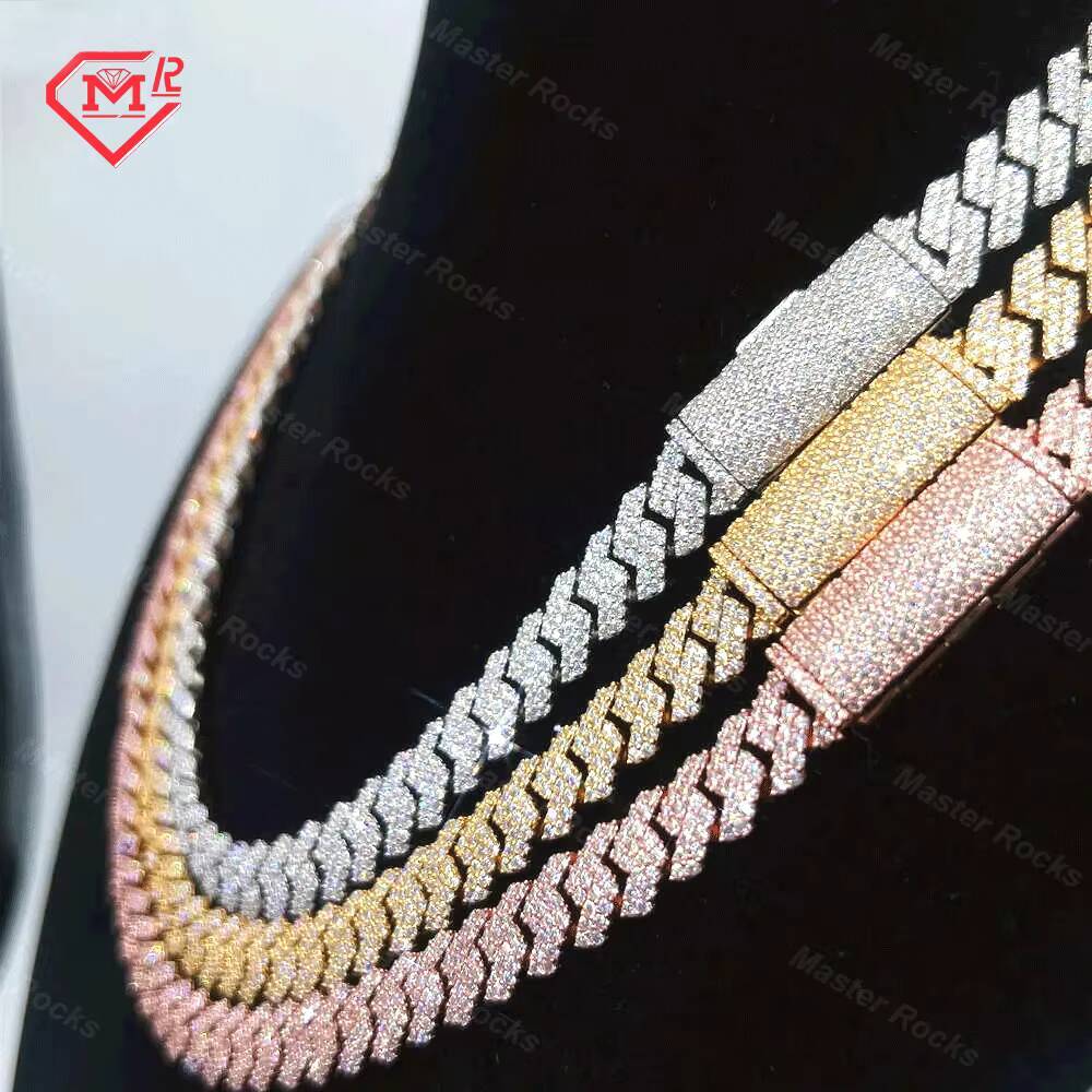 Gra Certificated Moissanite Cuban Chain 10mm 12mmm 14mm 2 Rows 925 Silver Hip Hop Moissanite Cuban Link Chain