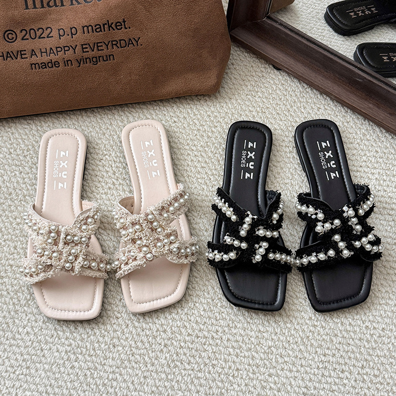 Lanjia- Outdoor Fashion Women's Flat Sandals Casual Retro And Sexy 2025 Summer New Soft-Soled Designer Shoes Fairy Pearl Beach Slippers C35a4