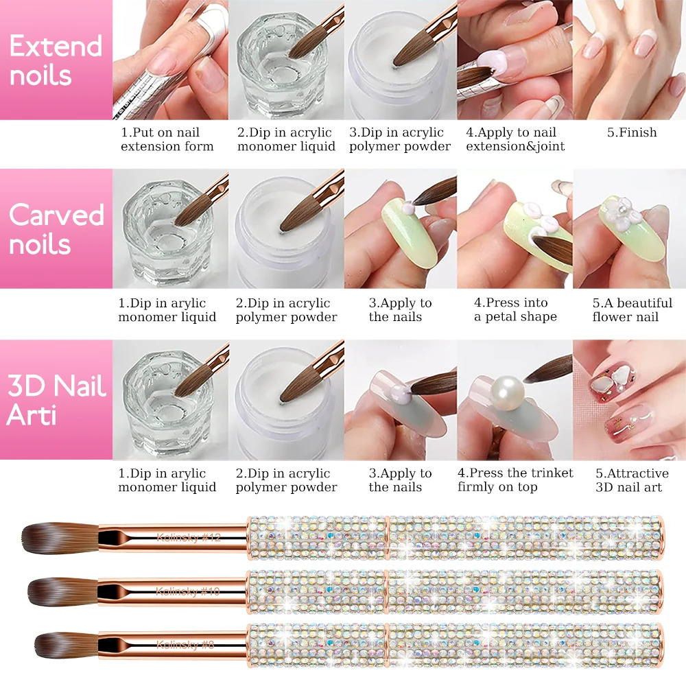Nail Kolinsky Brush Acrylic Powder Nail Brush Size#8-#12 Rose Gold Diamond Acrylic Kolinsky Brush Acrylic Nails Brush 250716