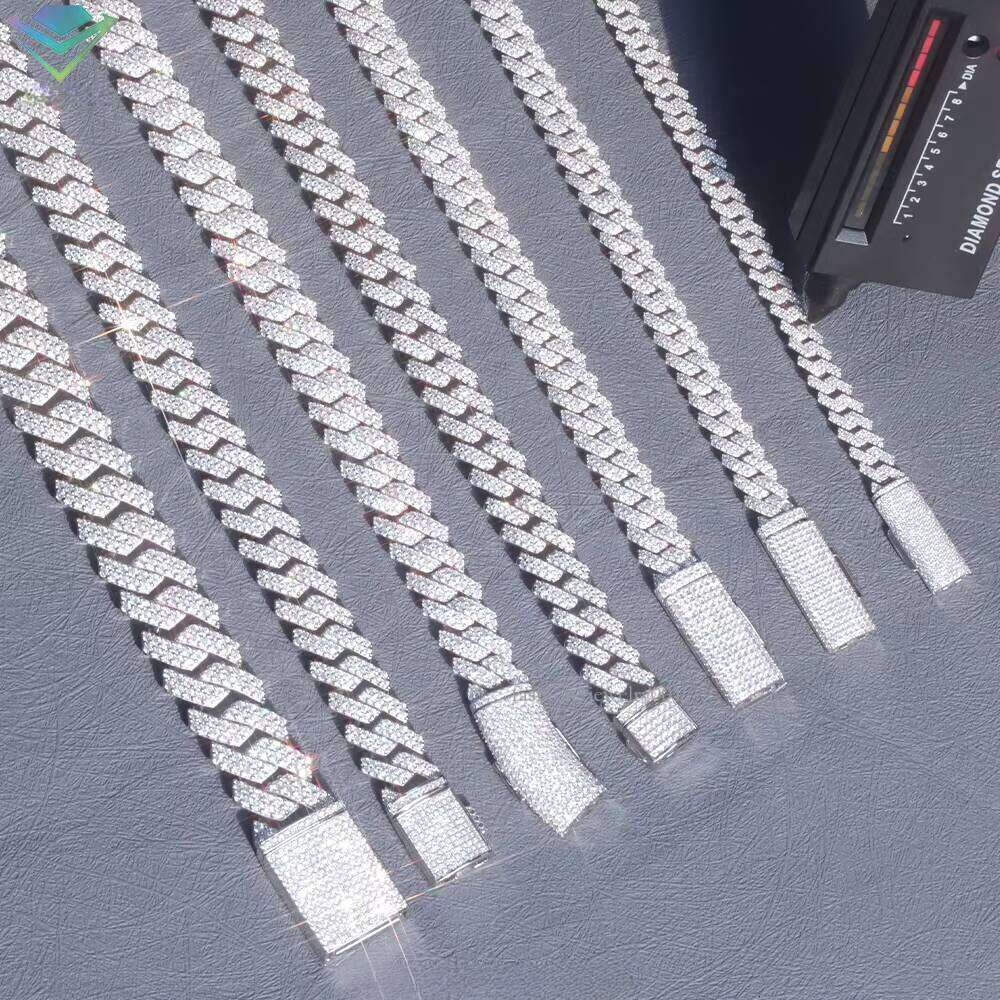 Gold Plated 100% Pass Tester 2rows VVS Moissanite 8mm-15mm Wide Sier Cuban Link Chain for Hip Hop Rapper Jewelry