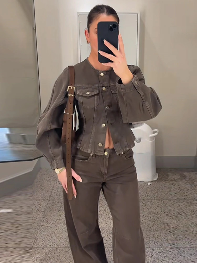 Street Denim Jacket Pant Women Sets Lapel Long Sleeve Single Breasted Coat Wide Leg Trouser Suit Y2k Lady Jeans 2 Piece Set 250723