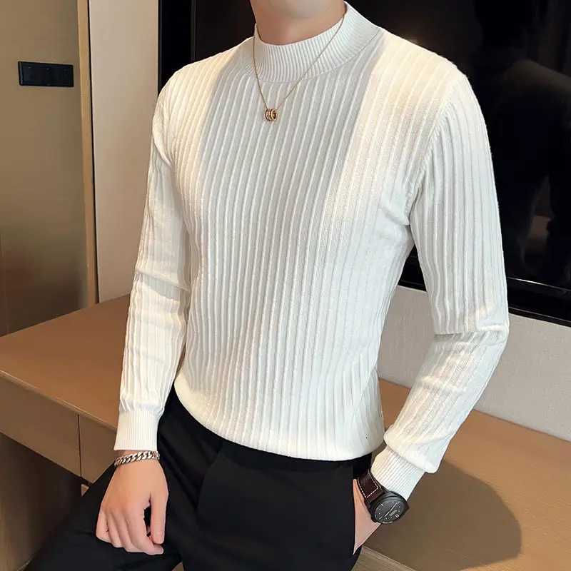 Plain Color Men Striped Sweater British Style Slim Fit Half Turtleneck Mens Casual Sweaters All Match Long Sleeve Pullovers Man Z250725