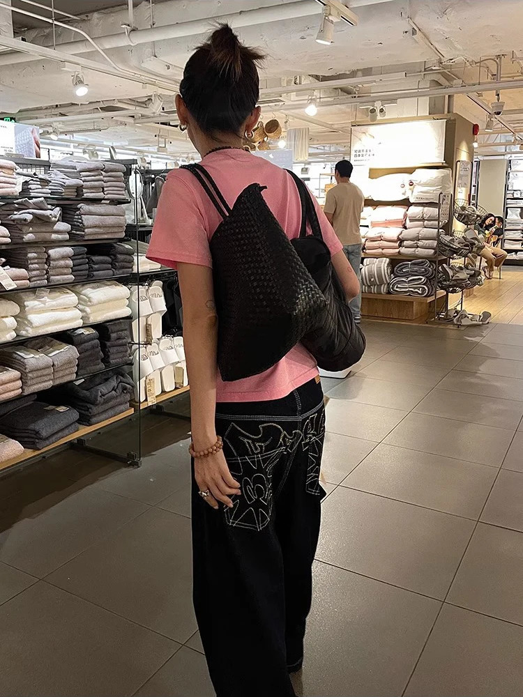 Y2k Embroidered Black Wide Leg Jean American Retro Casual Loose Denim Pants Streetwear 2025 High Waist Baggy Trousers 250717