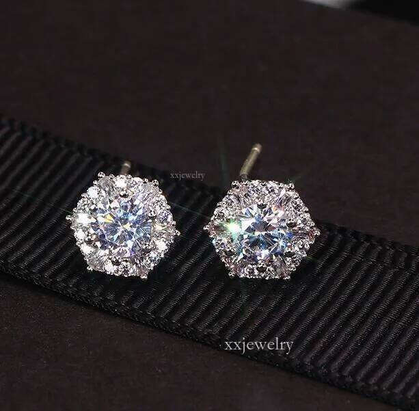 Real S Sterling Sier Stud Earrings Simple Fashion Women Wedding Jewelry Round Cut White Top CZ Dia Gemstones aretes brincos earring ear rings jewelery
