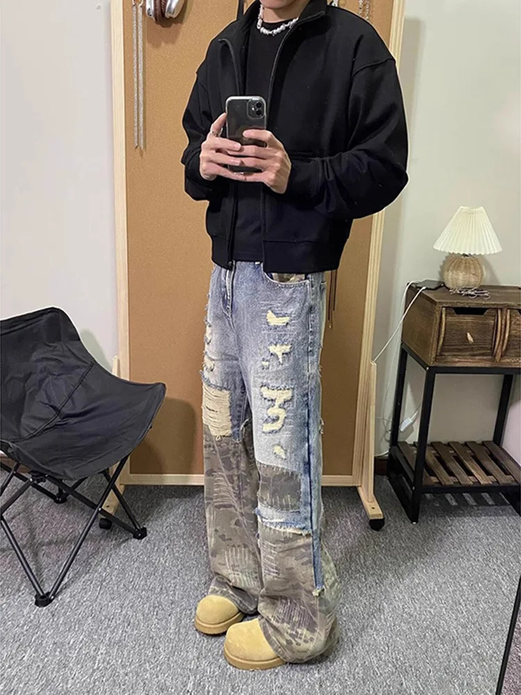 American Hip Hop Y2k Clothes Vintage Pants Camo Patchwork Jeans Mens Casual Straight Leg Pants er clothes men 250724