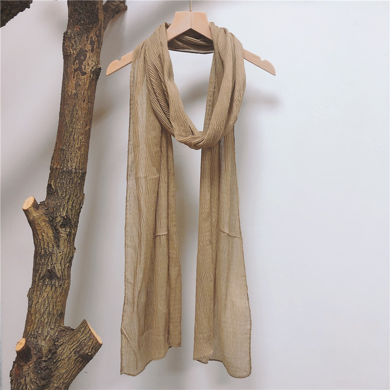 K1485 Autumn and winter solid color extended warm scarf slender light soft neck protection silk scarf wrinkled long gauze scarf