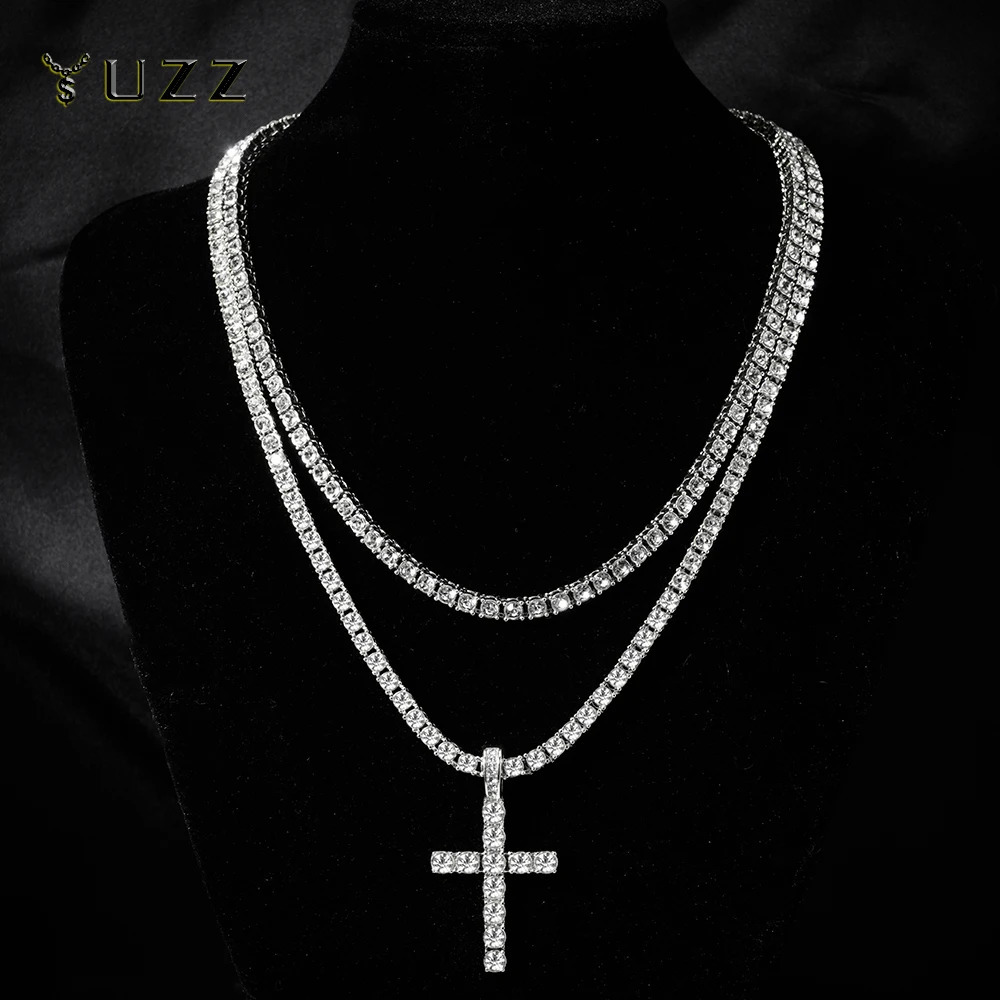 Hip Hop Cross Pendant Necklace Strap 4mm Zircon Tennis Chain Iced Out Sparkling Necklace Men Women Punk Jewelry Fashion Gift 250722