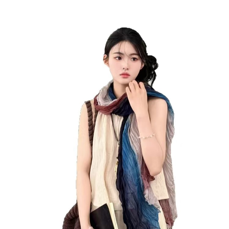 K1498 Korean style atmosphere forest style autumn and winter tie-dyed cotton and linen scarf for women thin style oversized literary shawl high-end sc