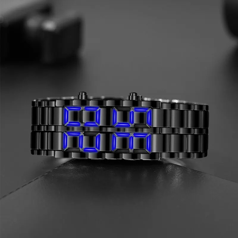 Fashion Black Full Metal Digital Lava Wrist Watch Men Blue LED Display Mens Watches Gifts for Male Boy Sport Creative Clock 250724