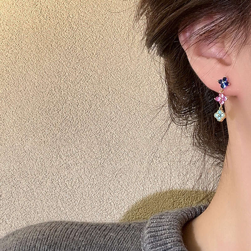 Real Gold Plated Zircon Colorful Flower Earrings Light High-end Studs Sweet Palace Style Ear Jewelry