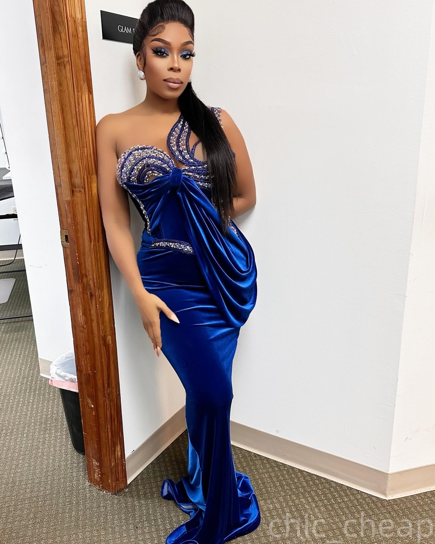 Royal Blue Sheath Evening Dresses One Shoulder Beaded Crystals Velvet Prom Formal Party Second Birthday Engagement Gowns Plus Size Dress For Special O