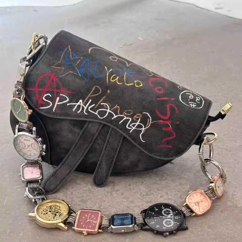 Designer Saddle Bag Women 2025 New In Fashion Chic Metal Watch Strap Shoulder Bag Trend Graffiti Novelty Female Bags Z250726