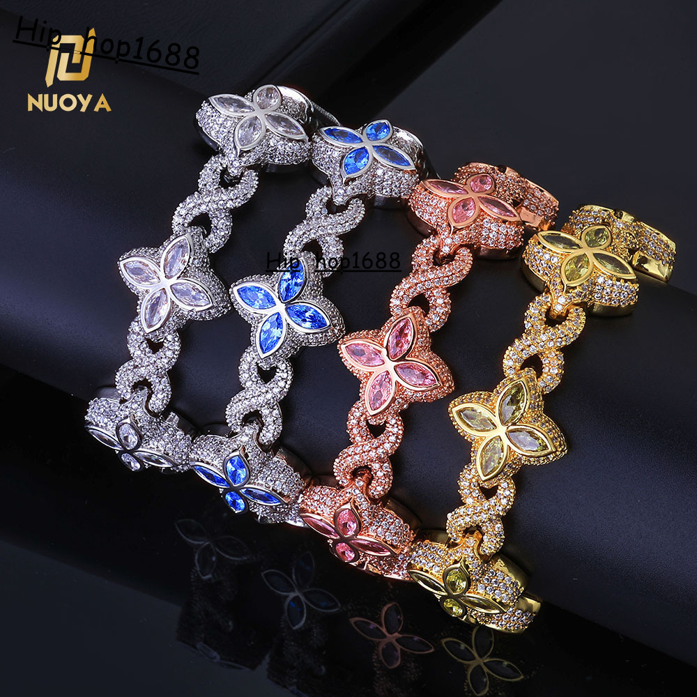 8mm Hip Hop Bracelet Gold Plated Brass Iced Diamond Flower Clover Infinity Miami Cuban Link Fine Jewelry
