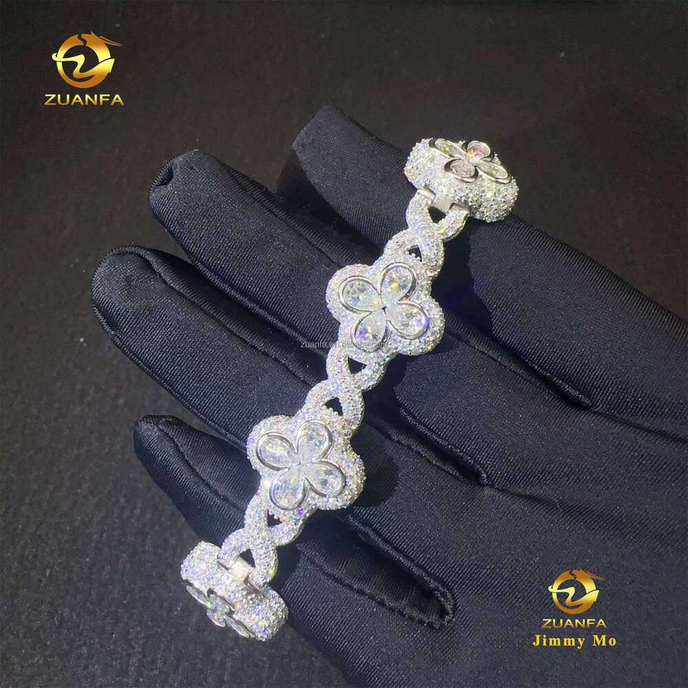 New Arrivals Popular 18mm Pear Flower Design Hip Hop Jewelry Iced Out Blue Green Moissanite Infinity Cuban Link Bracelet for Men