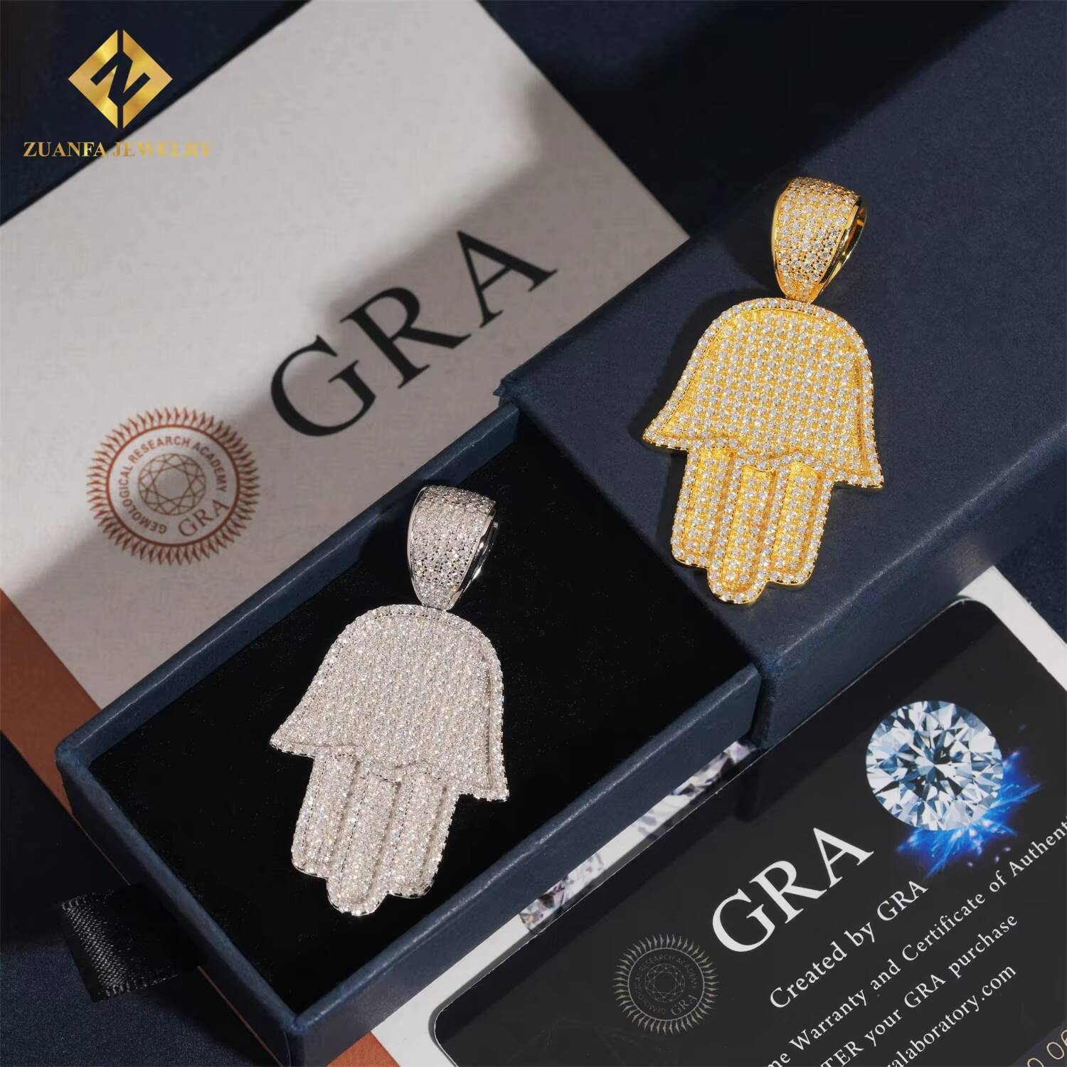 GRA Certificate Hip Hop VVS Moissanite Jewelry Charm Pendant 925 Solid Silver Custom Iced Out Diamond Hamsa Hand Pendant