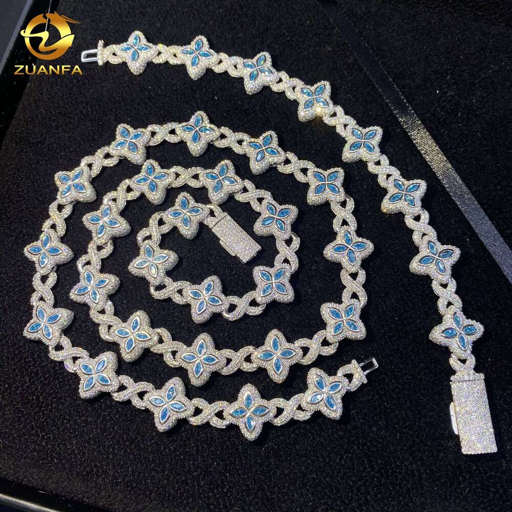 15mm Hip-Hop Jewelry Marquise VVS Moissanite Sier Iced Clover Bracelet Blue Pink Cuban Chain Necklace