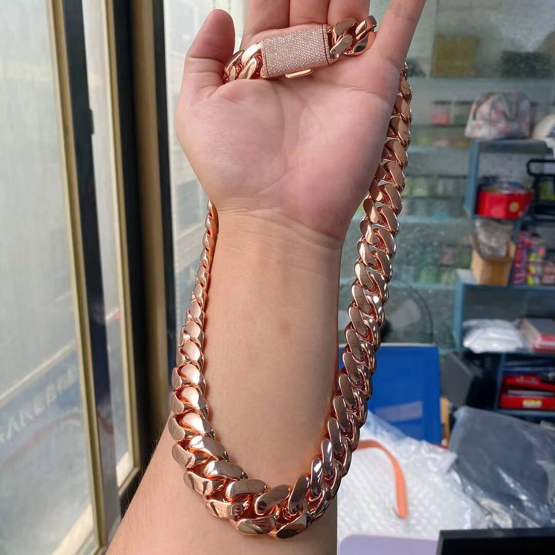 Wholesale Choker Rose Gold Plated Cuban Link Chain Heavy Solid Brass Miami Cuban Chains Necklace for Men Cadenas De Oro 14k