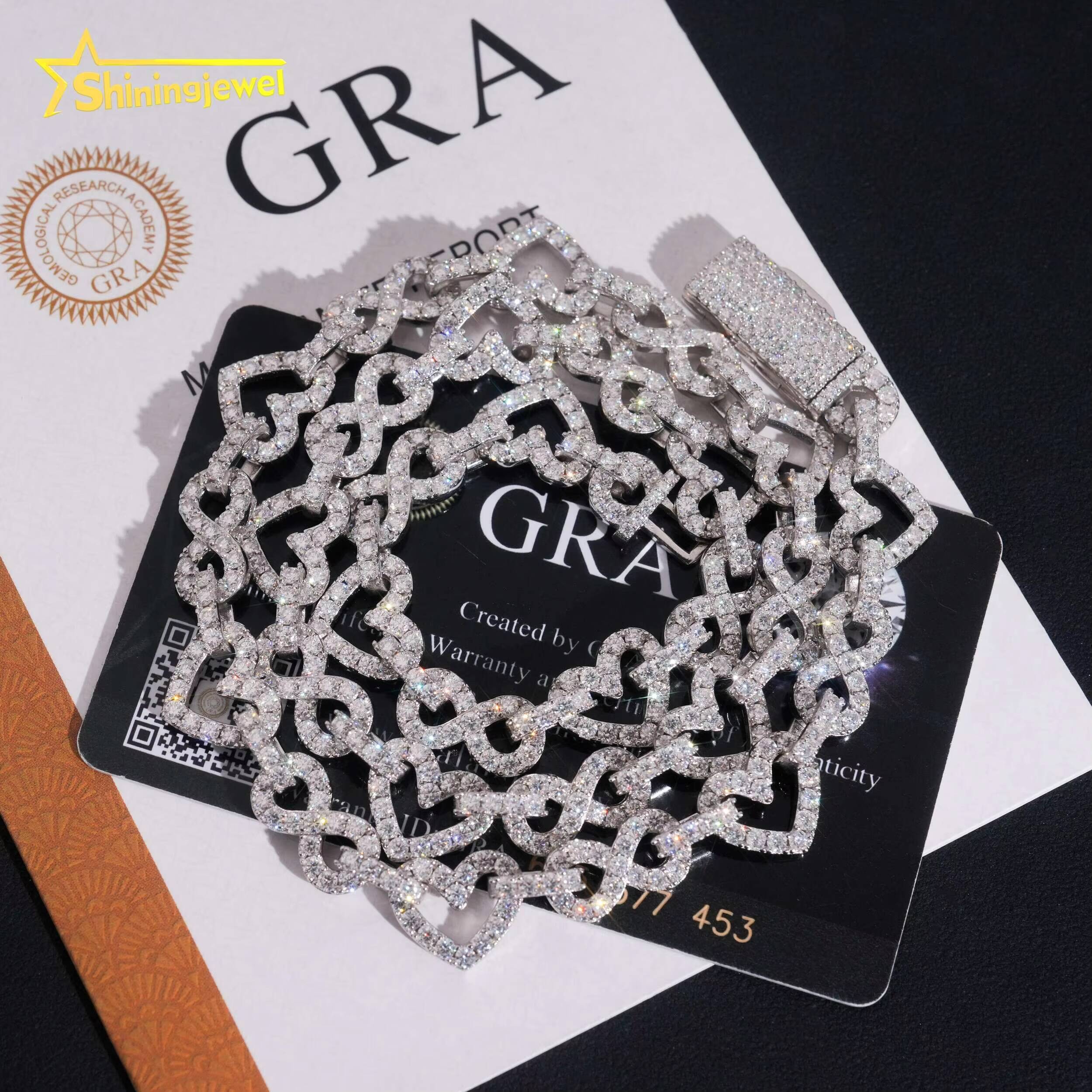 Valentines Day Gift 8.5mm Heart Shape Infinity Links Hip Hop Rock Moissanite Cuban Chain 925 Silver Moissanite Necklace Women