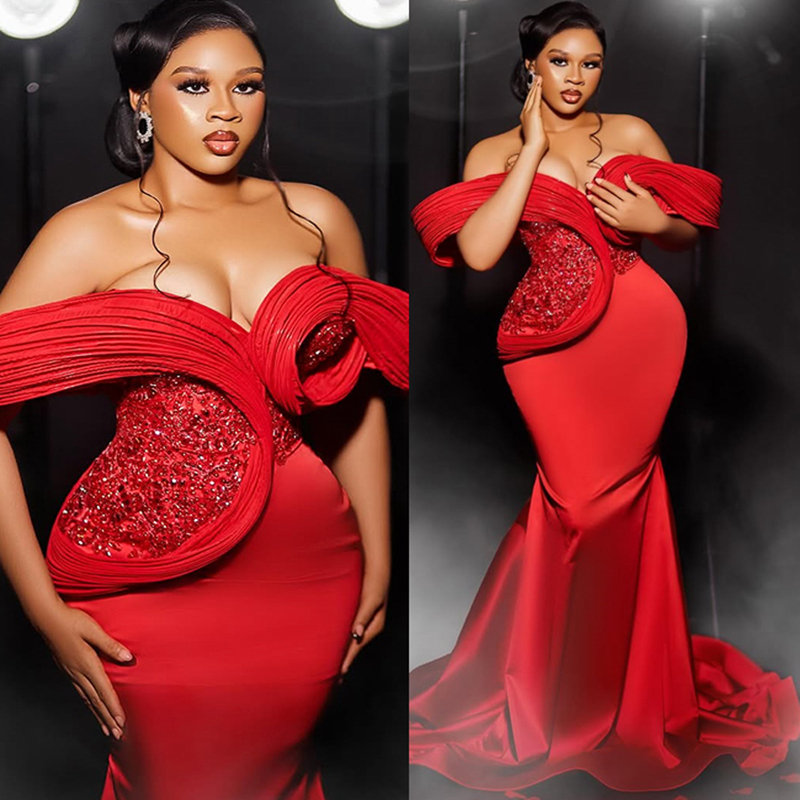 2025 Plus Size Red Aso Ebi Prom Dress Evening Dresses For Black Women Evening Formal Gowns Off Shoulder Appliqued Lace Birthday Dress Second Reception