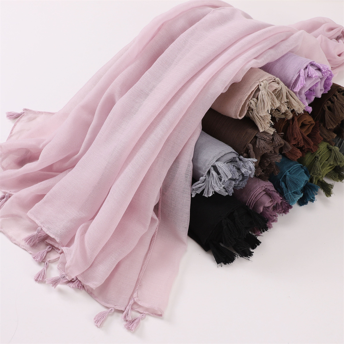 K1489 Small fresh solid color thin flat scarf breathable hanging beard tassel female shawl headscarf gauze scarf