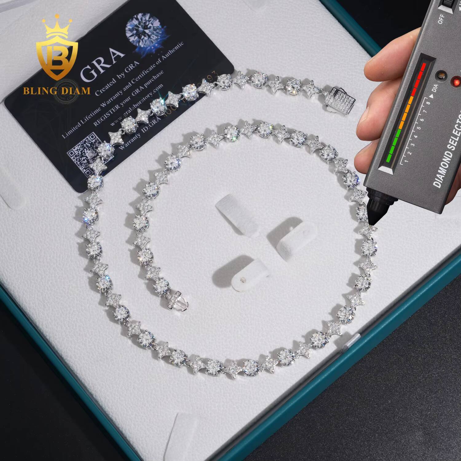 Design New 8mm Iced Out Fashion Star Shape Tennis Chain 925 Silver Moissanite Necklace Bracelet Pass Diamond Tester