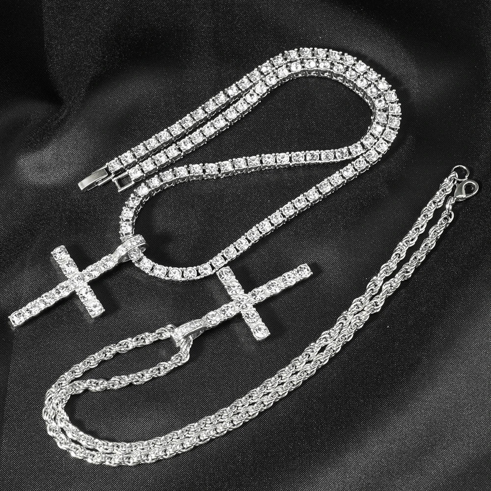 Hip Hop Cross Pendant Necklace Strap 4mm Zircon Tennis Chain Iced Out Sparkling Necklace Men Women Punk Jewelry Fashion Gift 250722