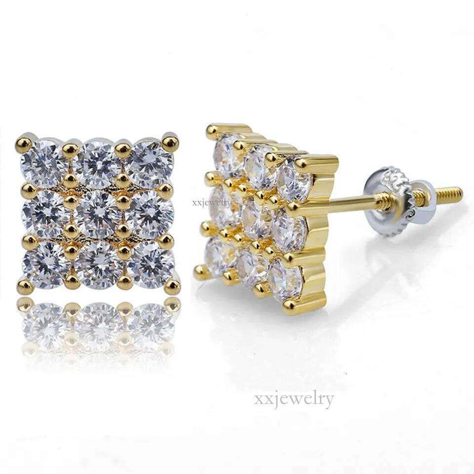 Gold Plated Hip Hop Cubic Zirconia Square Stud Earrings for Men Women Iced Out Dia Earring Studs Ear Piercing Punk Rock Rapper Jewelry Wholesale