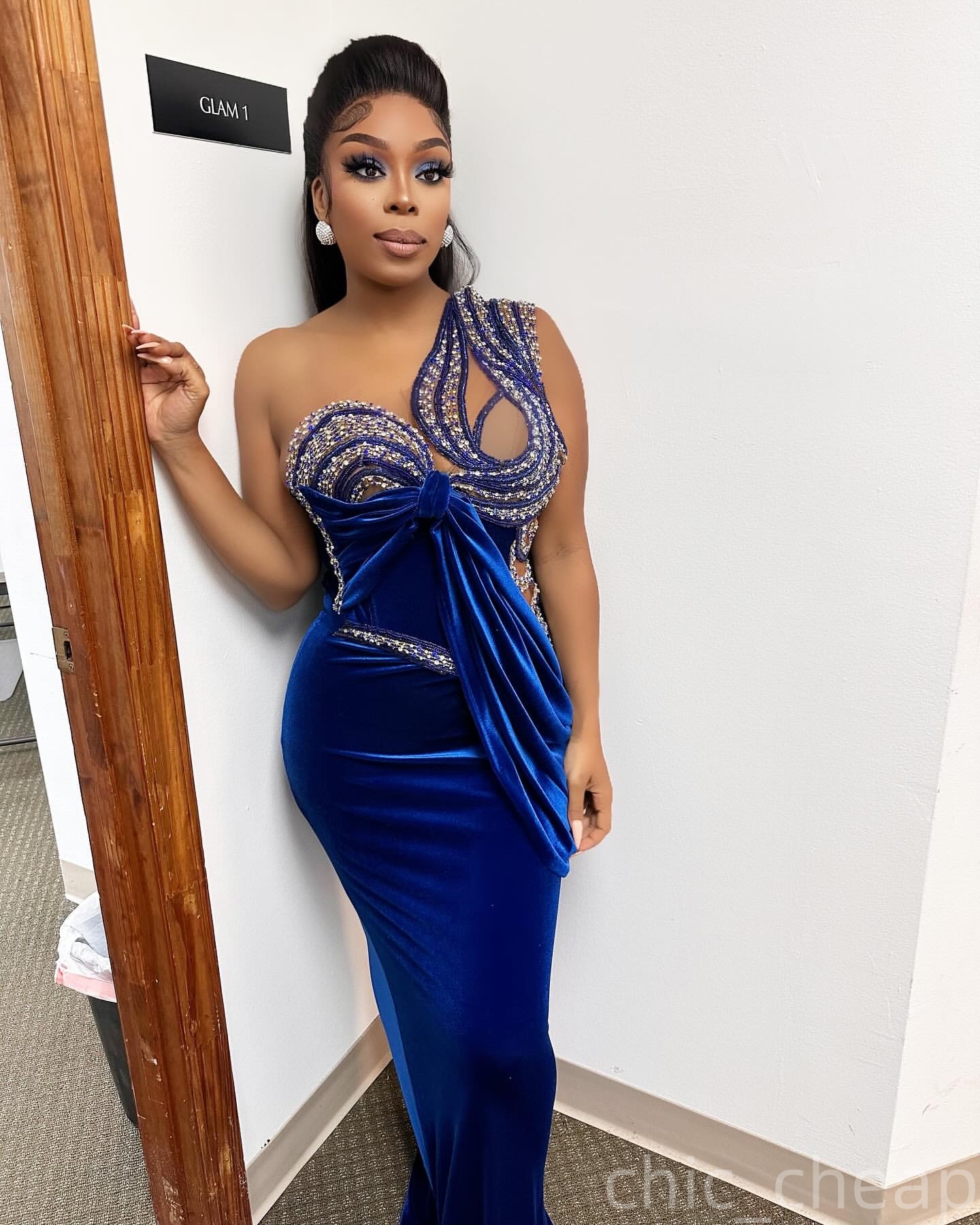 Royal Blue Sheath Evening Dresses One Shoulder Beaded Crystals Velvet Prom Formal Party Second Birthday Engagement Gowns Plus Size Dress For Special O