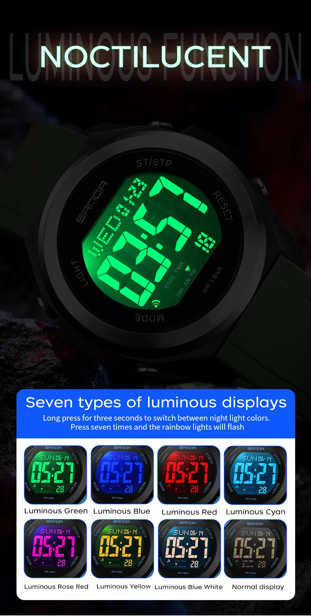 SANDA 2199 Student Digital Electronic Watch Sports Multi-functional Waterproof Colorful LED Mens Electronic Watch 250724
