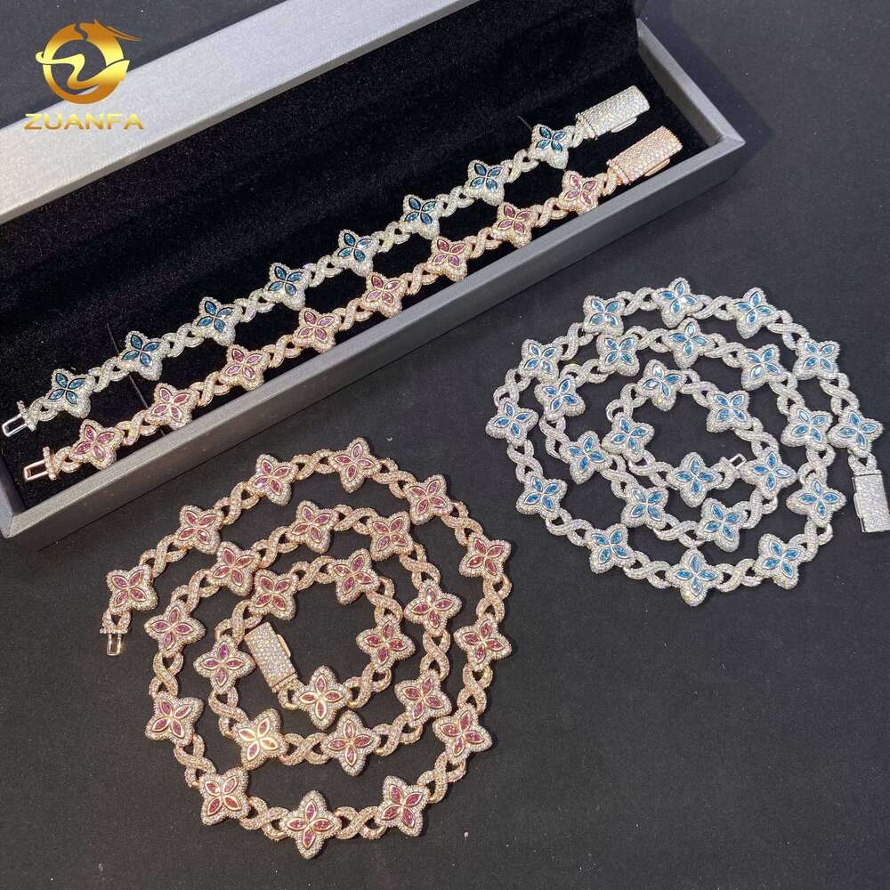 15mm Hip-Hop Jewelry Marquise VVS Moissanite Sier Iced Clover Bracelet Blue Pink Cuban Chain Necklace
