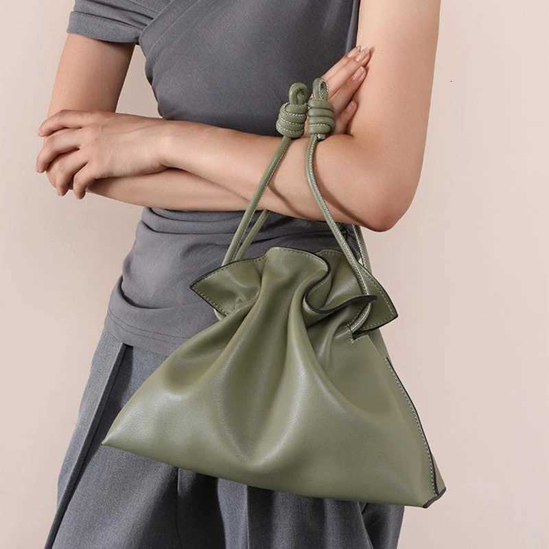 Drawstring Long Shoulder Bag Crossbody Pleated Design Cowhide Lucky Bag Female Fashion Clutch Bucket Bag Roomy Bags H260508