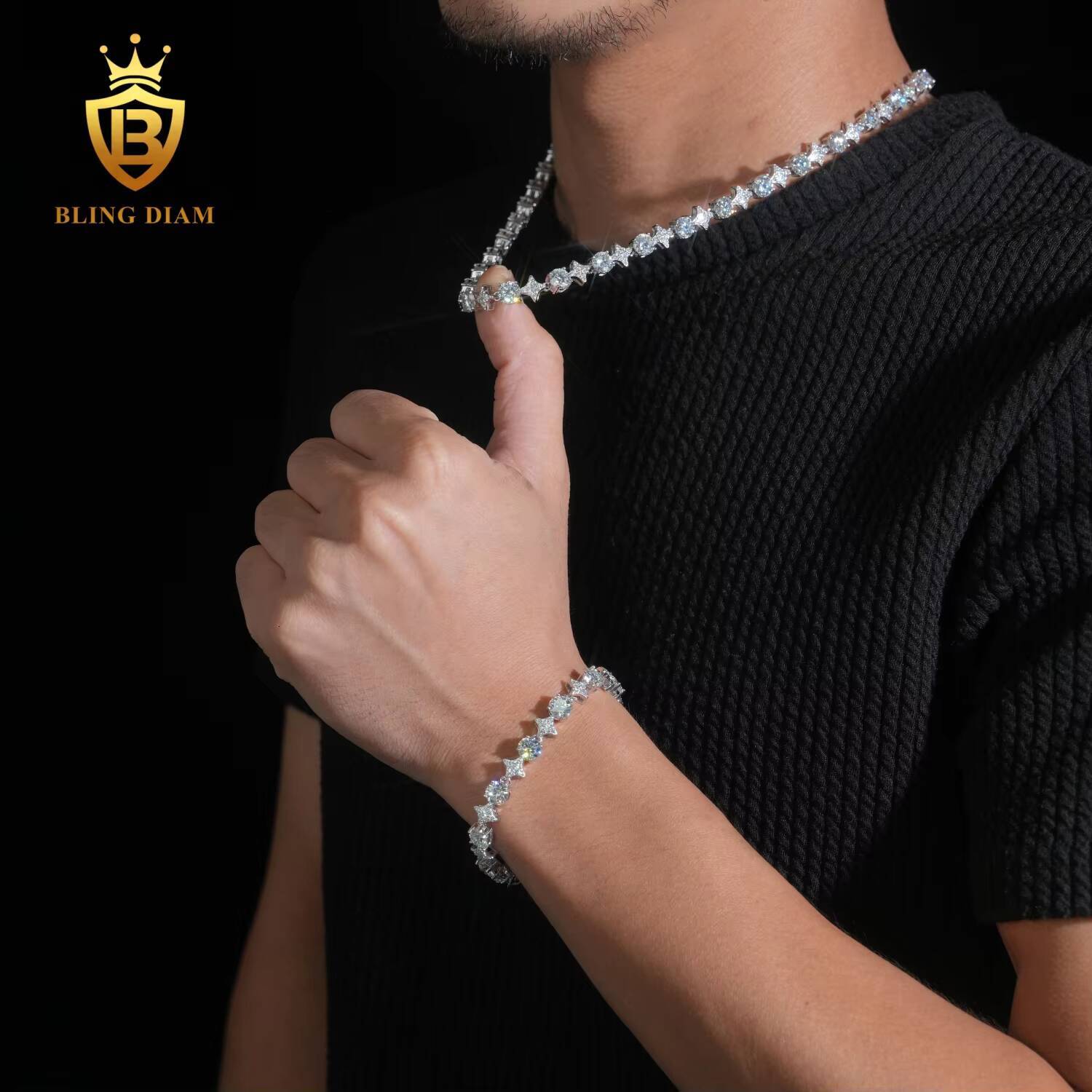 Design New 8mm Iced Out Fashion Star Shape Tennis Chain 925 Silver Moissanite Necklace Bracelet Pass Diamond Tester