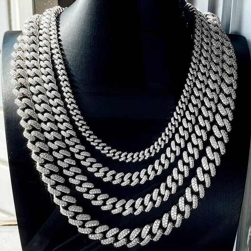 Wholesale Custom 6 8 10 12 15MM 925 Silver Cuban Link Chain Hip Hop Jewelry Iced Out Moissanite Cuban Chain Diamond Necklace