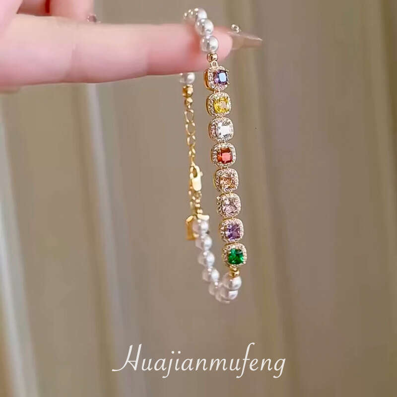 INS Luxury Jewelry Designer Bracelet For Women Colorful Square Diamond Splicing Pearl Bracelet Advanced shiny dopamine non fade Pearl Chain Full Diamo