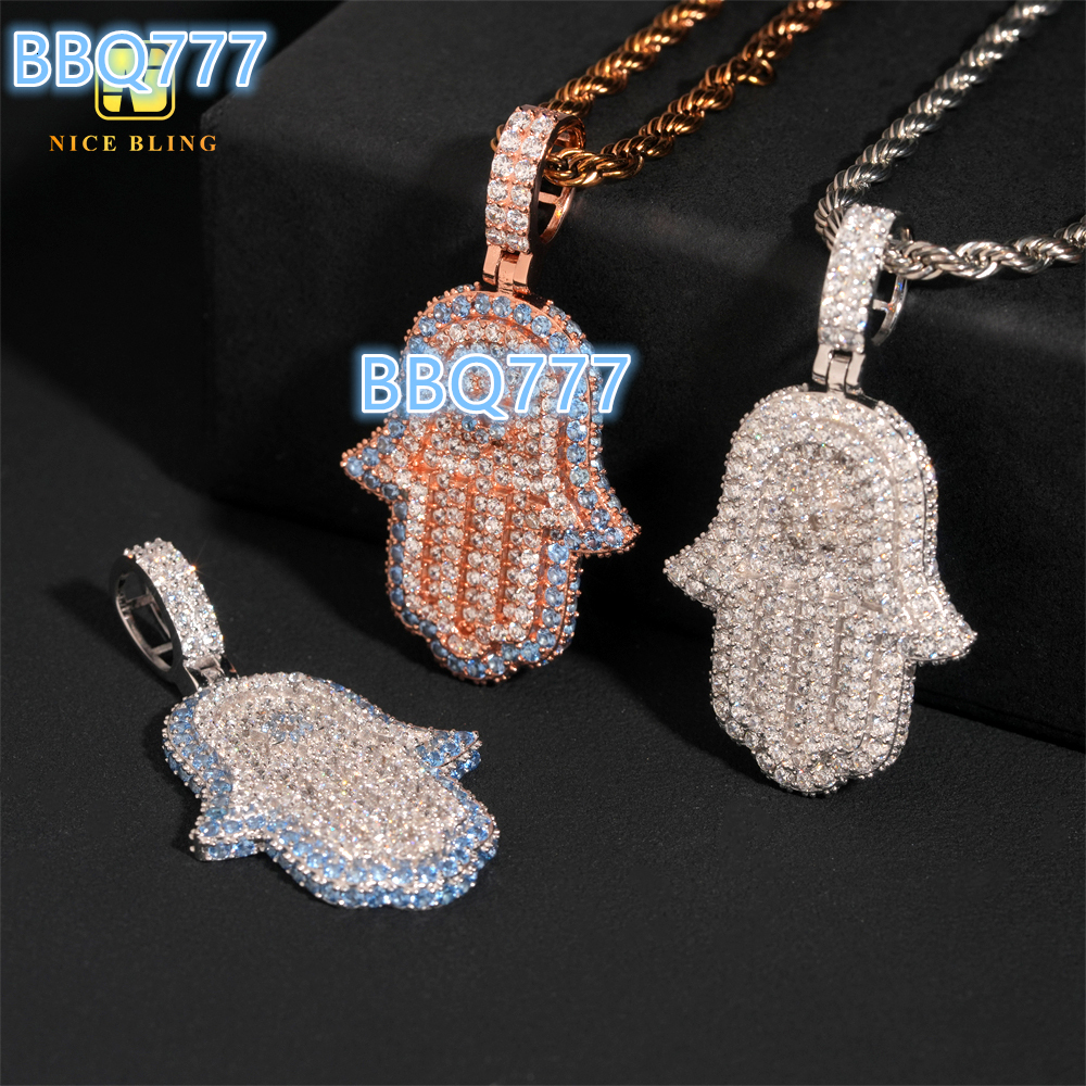 High Quality Ready to Ship Hamsa Charm Fine Hip Hop Jewelry 925 Silver 5A Cubic Zirconia Custom Iced Out Blue Diamond Pendant