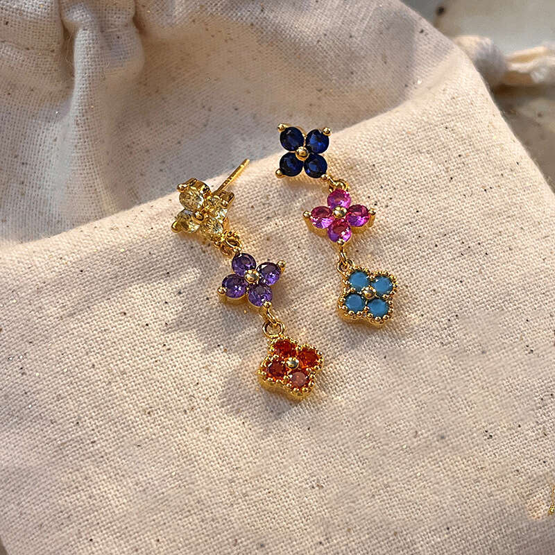 Real Gold Plated Zircon Colorful Flower Earrings Light High-end Studs Sweet Palace Style Ear Jewelry