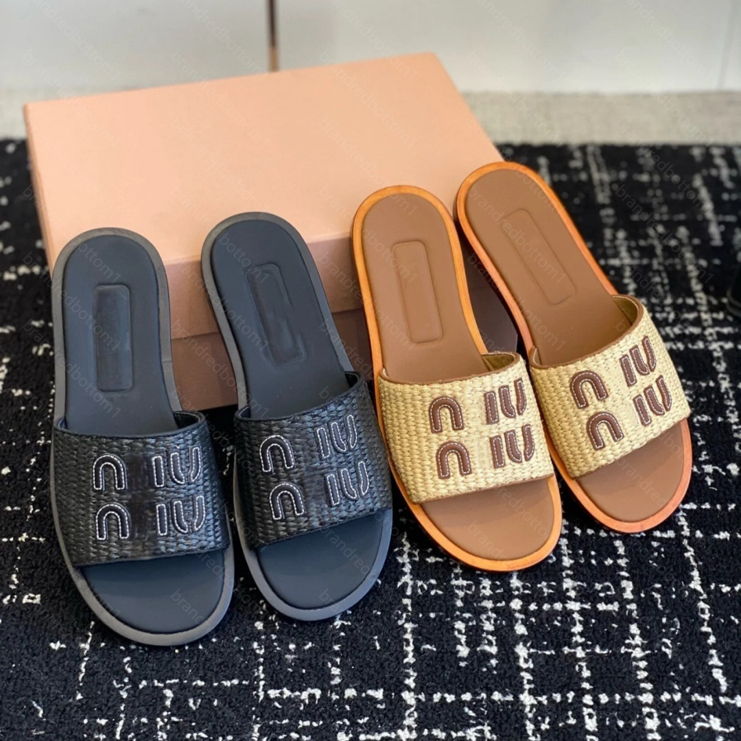 Designer sandals summer beach sandals Rafia straw weaving women high quality flat leather sliding slippers luxury women slippers clothing leather flat shoes