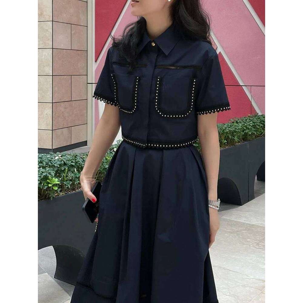 Elegant Two Piece Sets For Women Lapel Short Sleeve Tops High Waist A Line Pleated Skirts Solid Set Female Summer