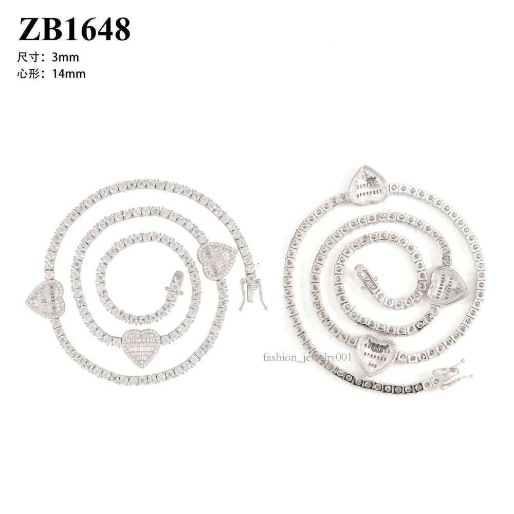 Dia hair new sier moissanite tennis chain main stone 3mm heart-shaped hip-hop necklace HipHop