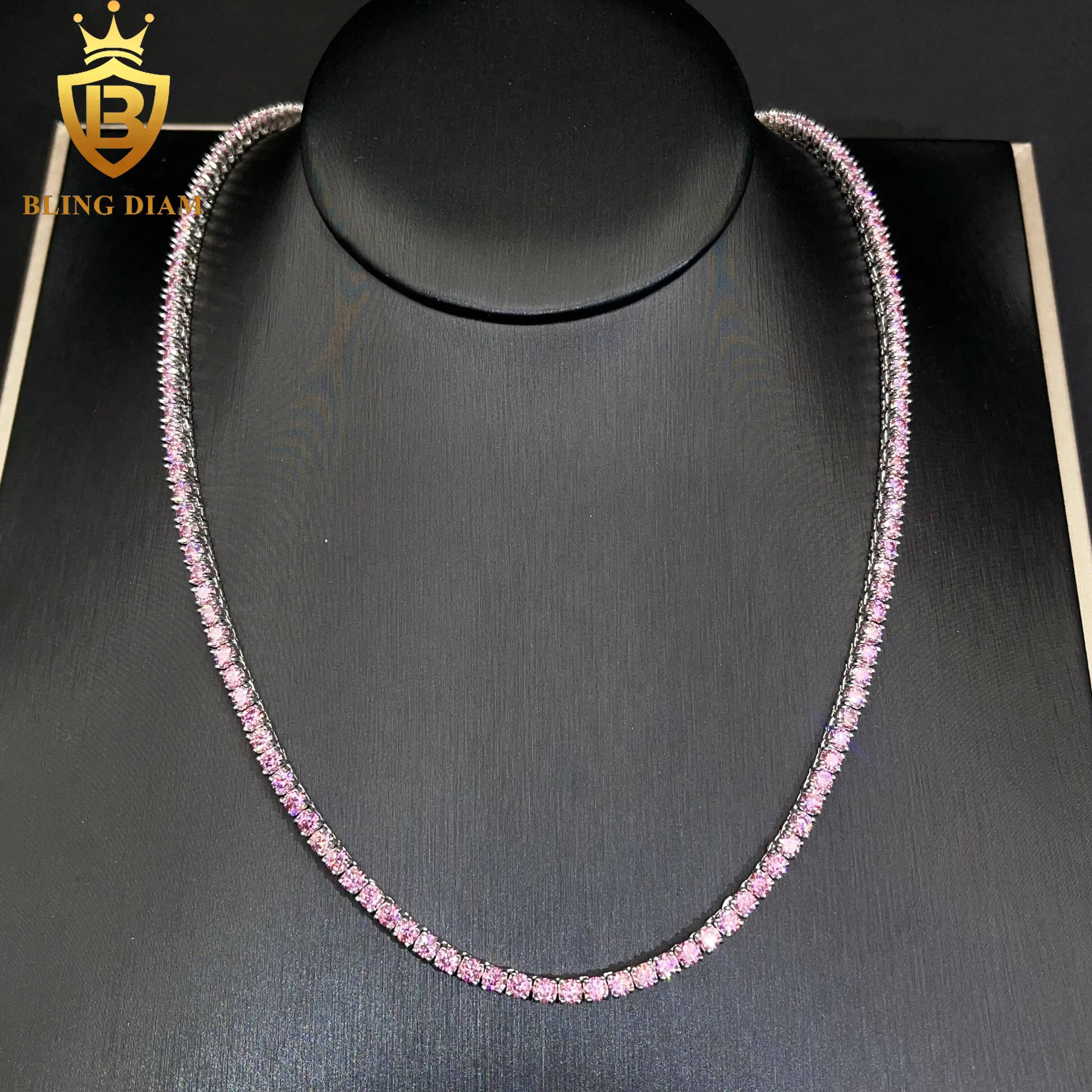 925 3mm-5mm Sterling Silver Rainbow Moissanite Blue Green Yellow Pink Tennis Chain Custom Natural Lab Grown Diamond Necklace