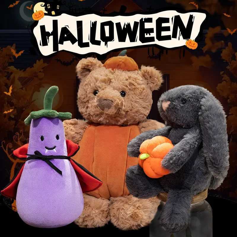 1 Cute Black Rabbit Holding Pumpkin Plush Toy Soft Pumpkin Bear Earphones and Cloak Egg Factory Stuffed Doll Halloween Tips or Treatment W250407